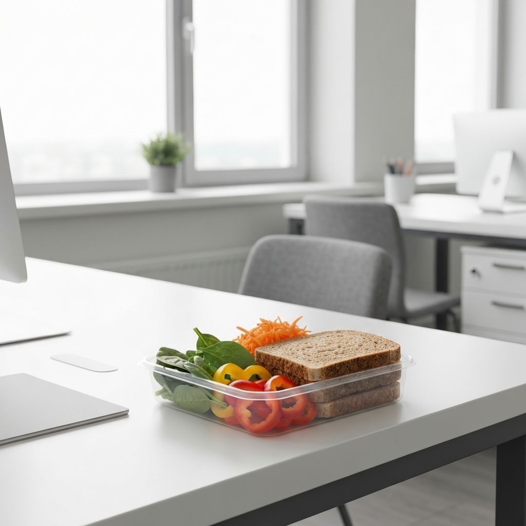Припремљен оброк у контејнеру на канцеларијском столу са здравим намирницама