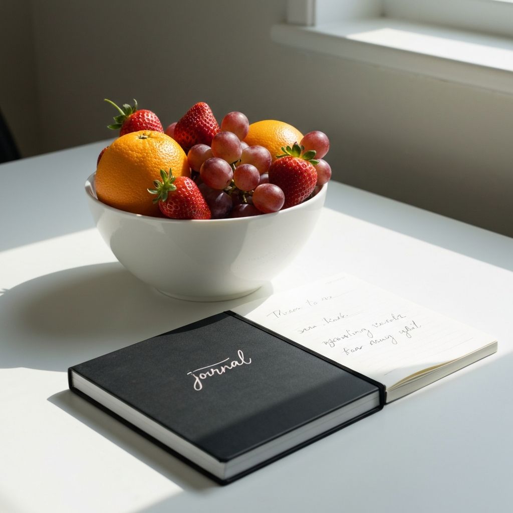 Чаша свежег воћа и дневник на столу као симбол рутине и хабитуса